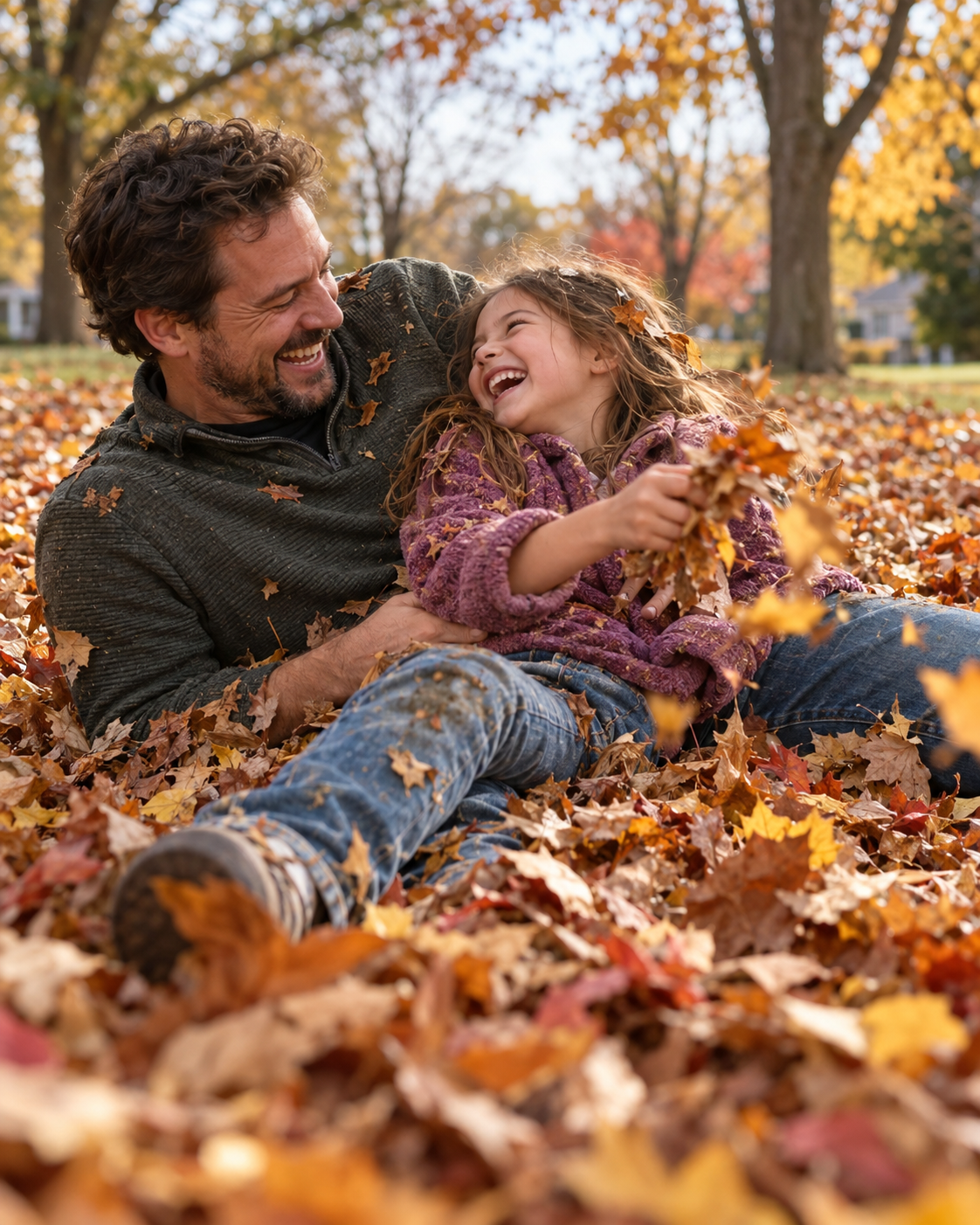 Family laughing in a pile of leaves