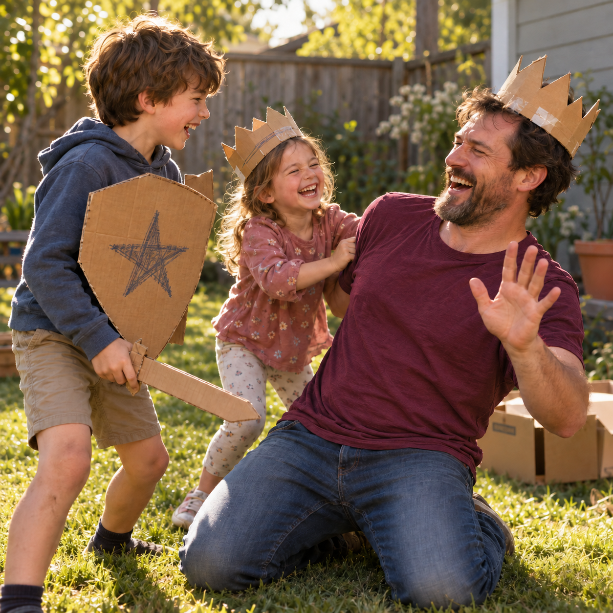Kids with cardboard crowns and a shield playfully defeating their dad in the backyard