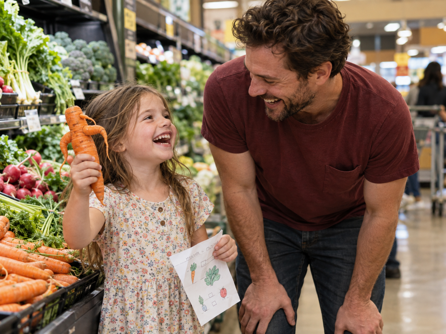 A girl laughing as she holds up a knobbly carrot next to her dad in the produce aisle