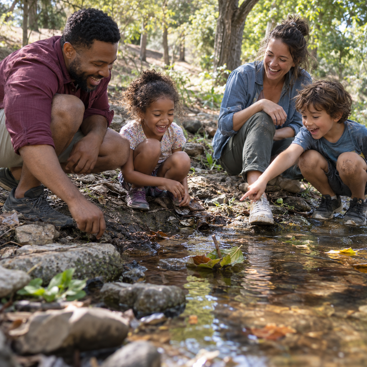 A family laughing beside a creek as their leaf boat tips over
