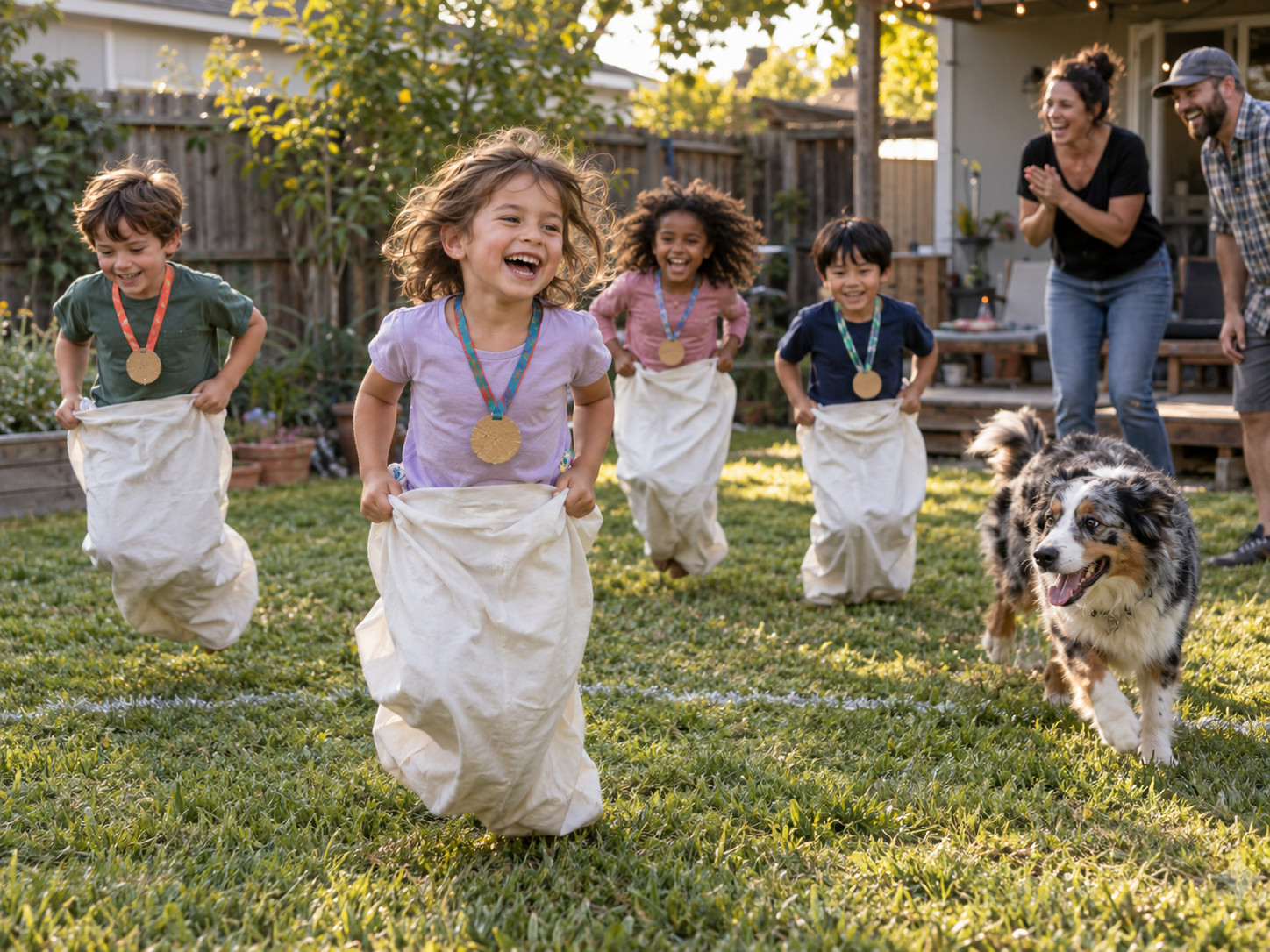 Kids with homemade medals hopping in a backyard sack race while parents cheer