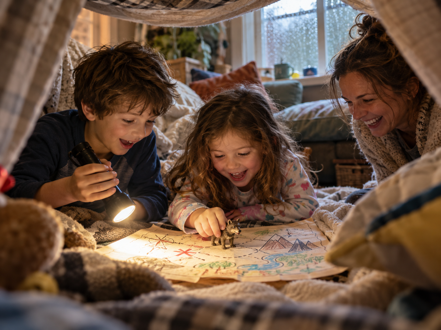 A mom and two kids reading a hand-drawn map by flashlight inside a blanket fort