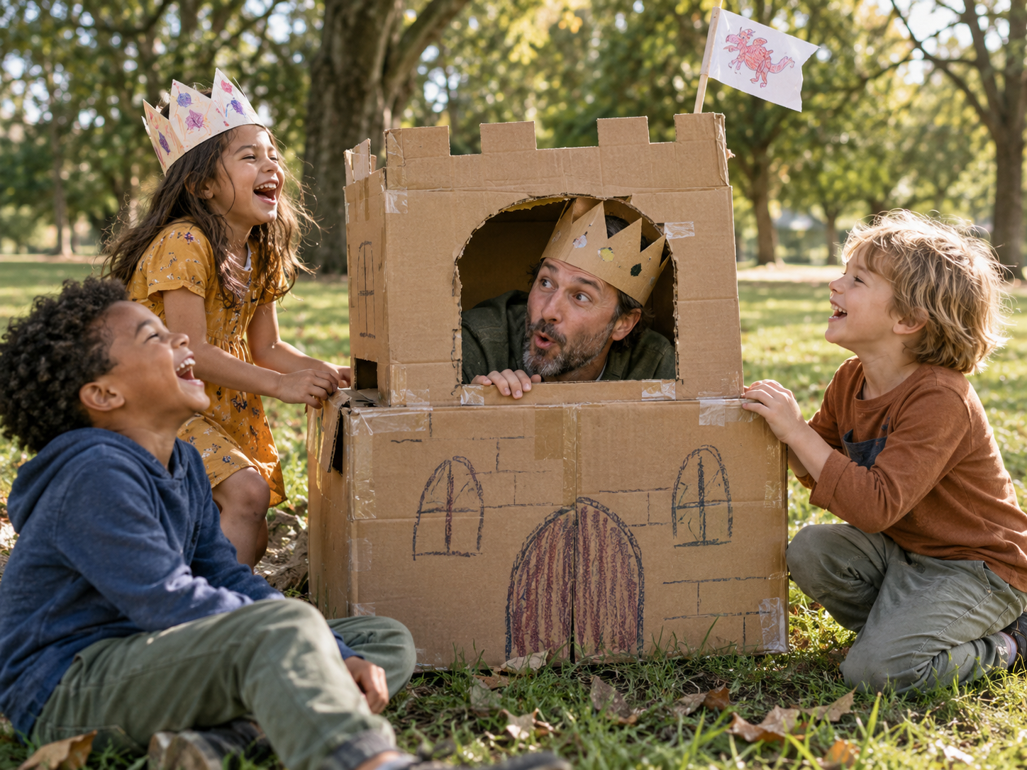 Kids in paper crowns laughing at a dad peeking out of a cardboard castle in the park