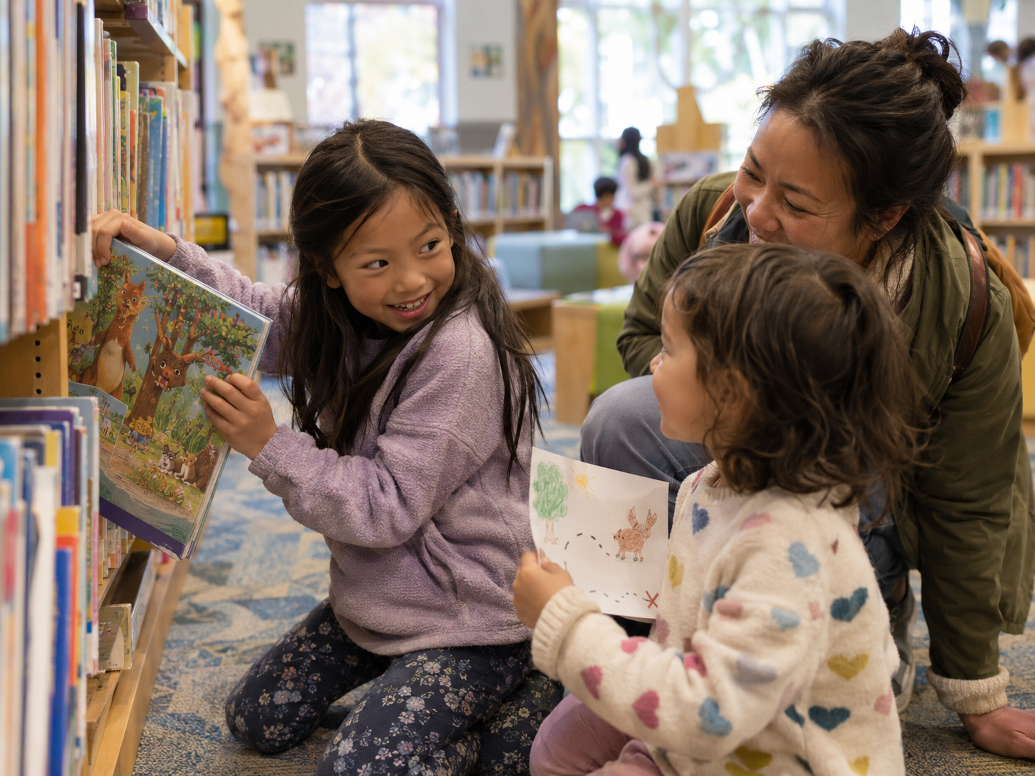 A girl pulling a picture book from a library shelf while her mom and sister look on