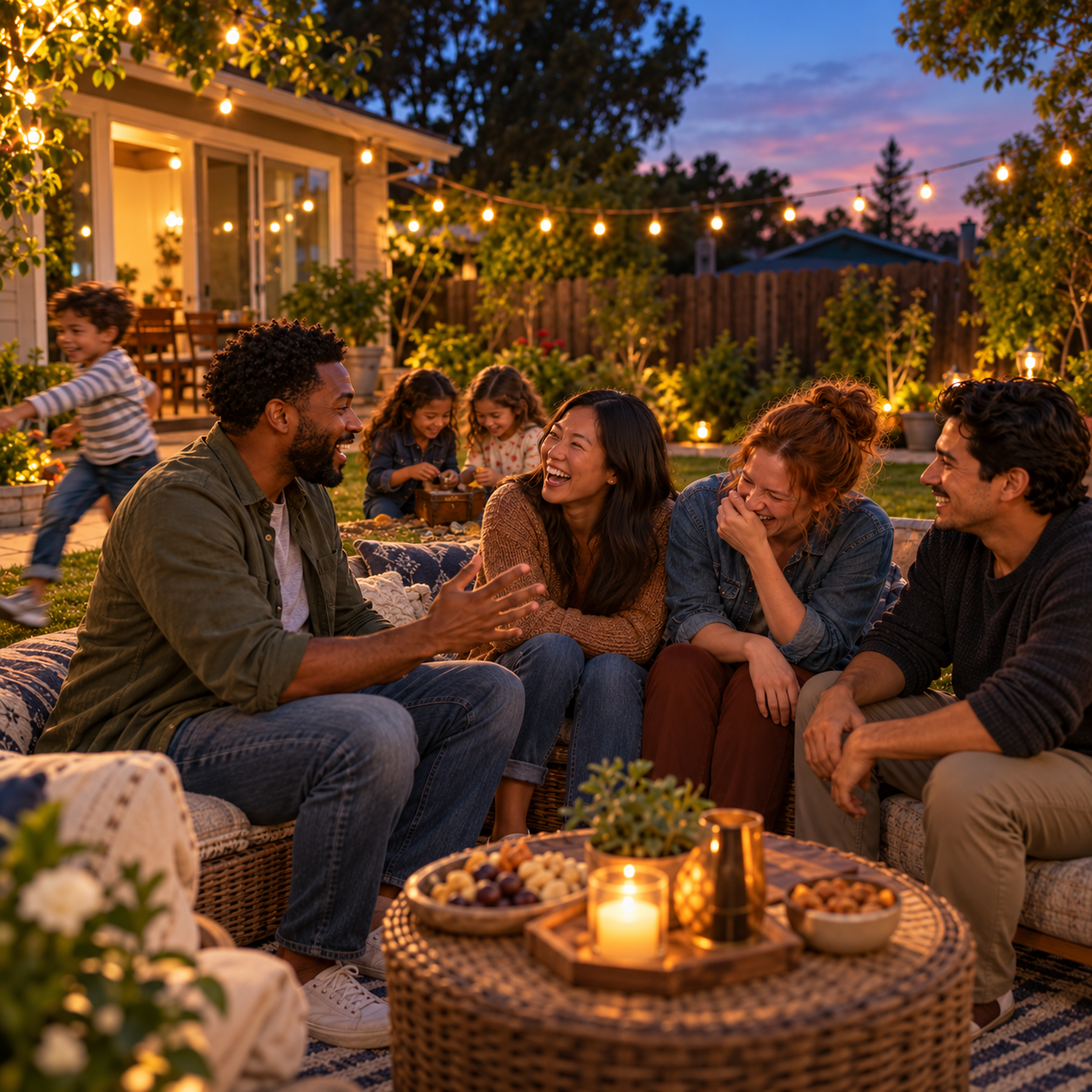 Friends and family laughing together under backyard string lights