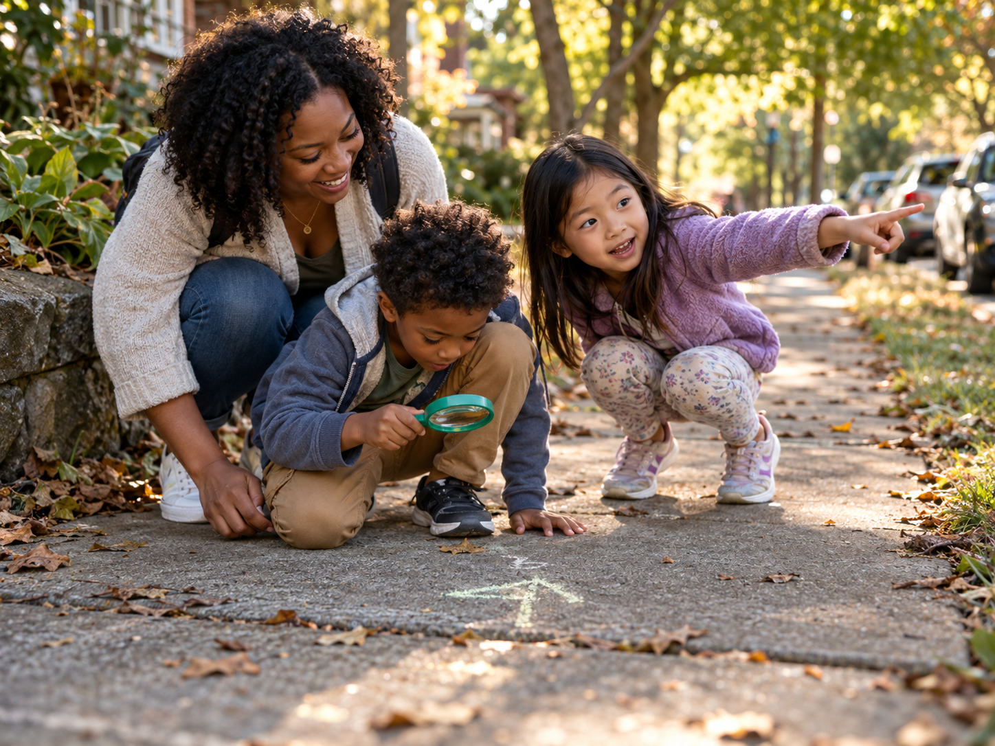 A mom and two kids following a chalk arrow on the sidewalk with a magnifying glass